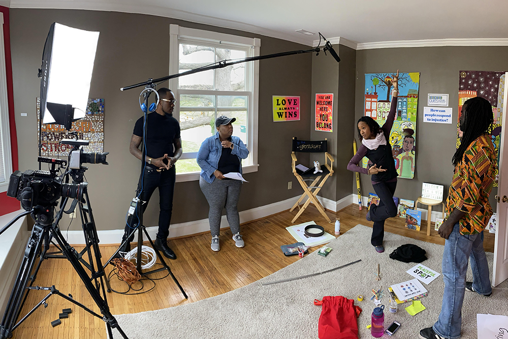 Artists and crew behind the scenes filming the new kids educational TV show Arts & Learning Kids