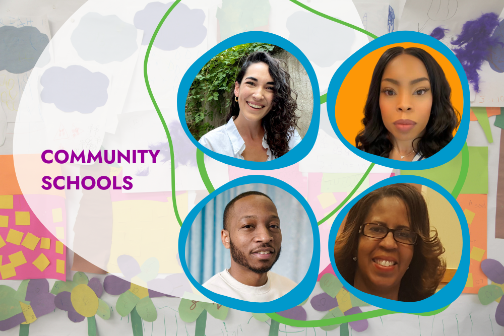 Headshots of three community schools coordinators and one community schools manager framed in blue organic shapes. The four frames are set against a transparent white organic shape and green squiggle line layered over children's artwork–flowers and buildings cut from pastel construction paper. A title to the left of the framed headshots says "Community Schools."